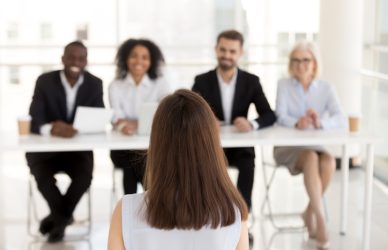 Back view of female job applicant make good first impression